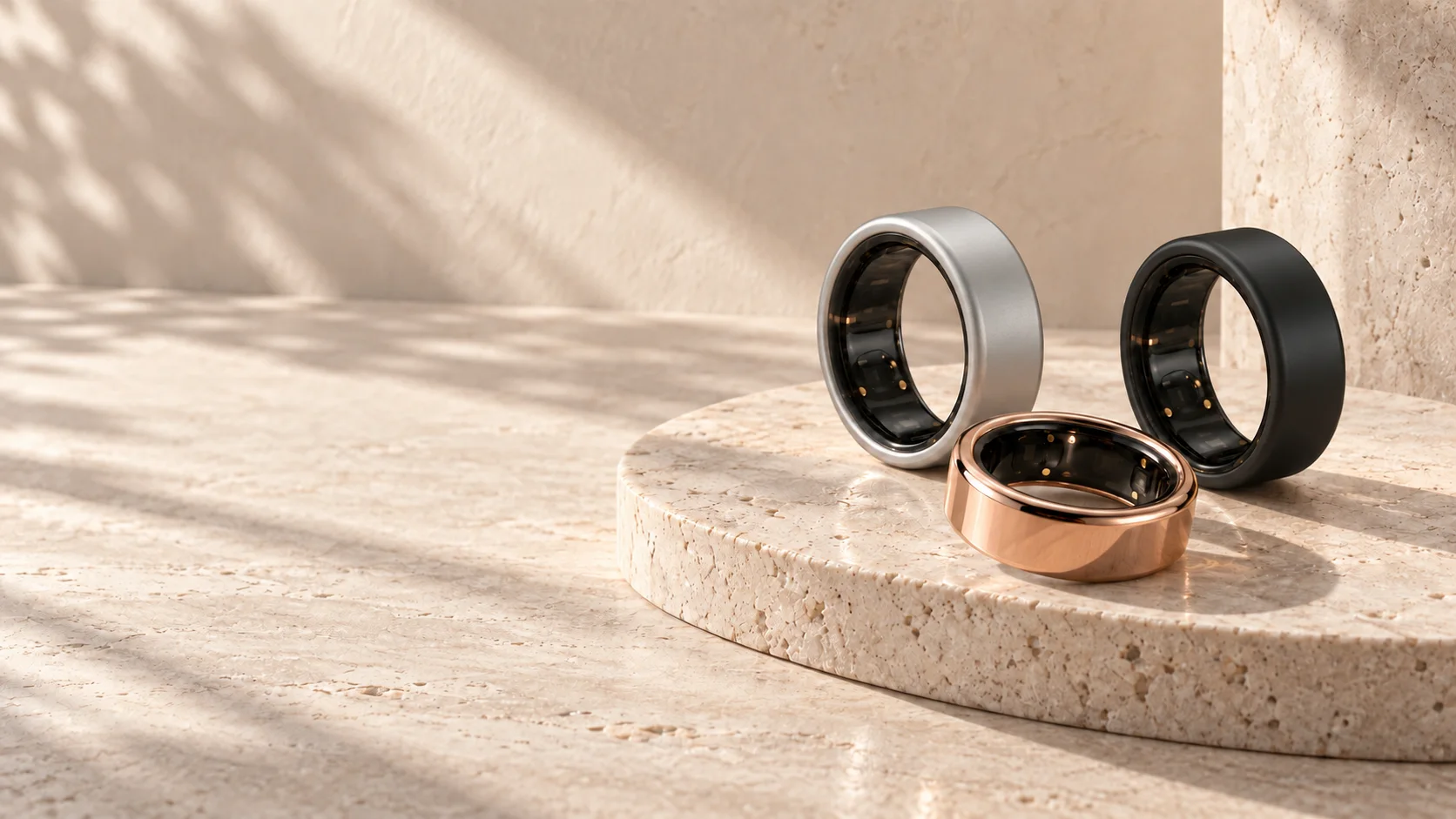 Eclipse Ring in Ice Silver, Carbon Black and Rose Gold on a pale stone plinth