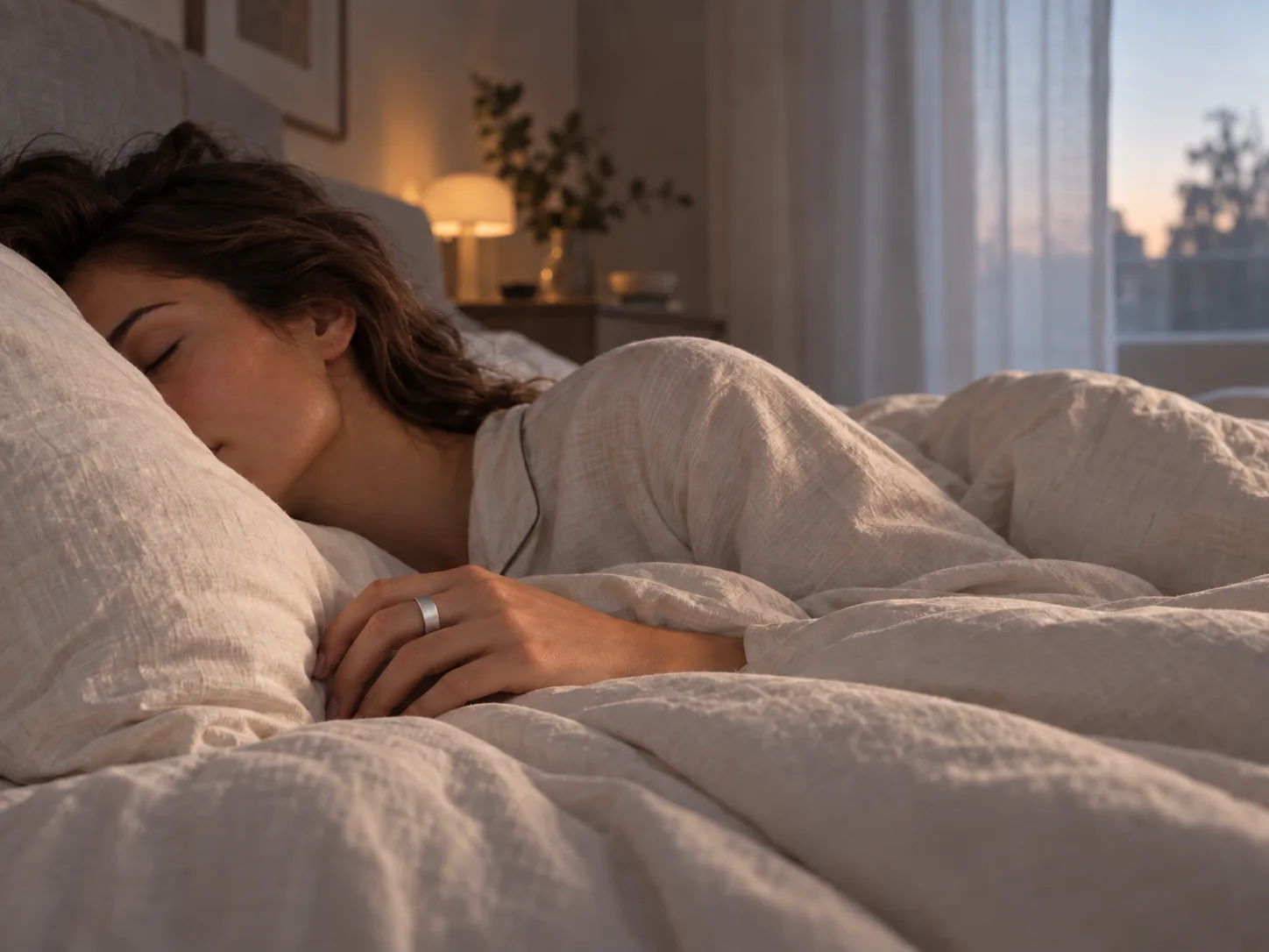 A woman sleeping with Eclipse Ring Ice Silver in soft early morning light